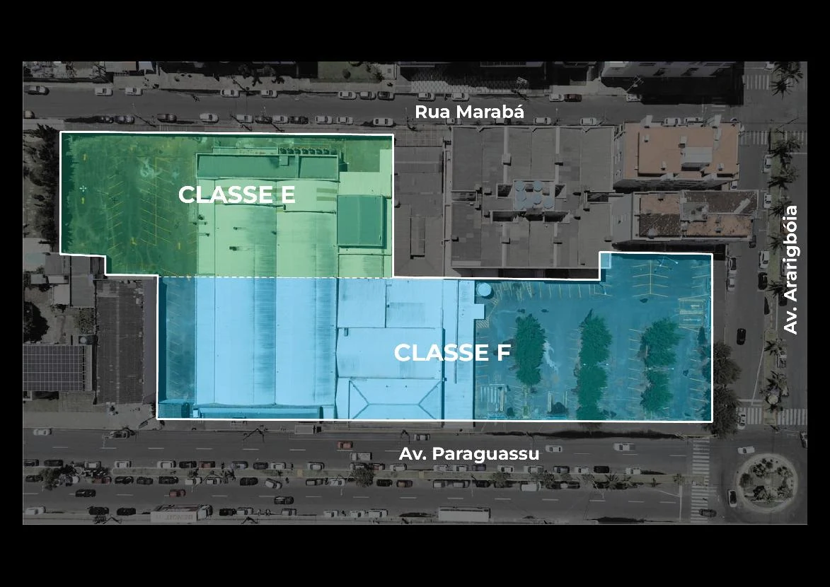 Mapa do terreno com marcação das áreas Classe E e Classe F.
