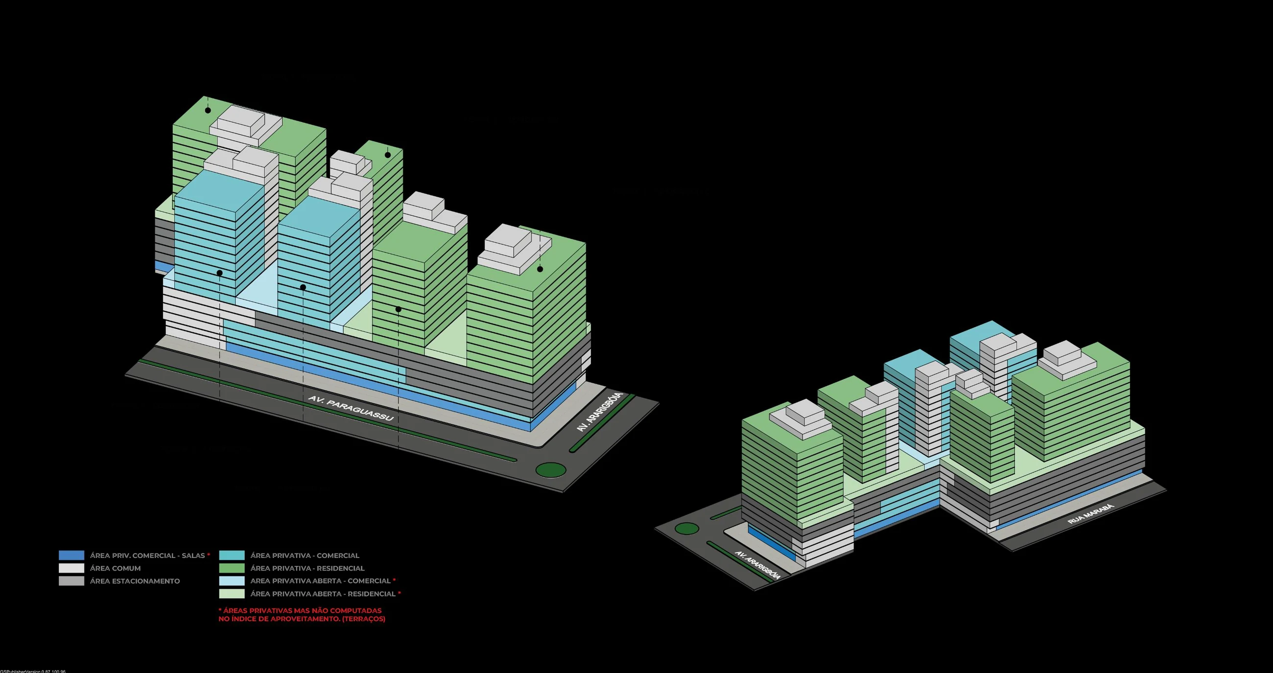 Diagrama de volumetria exemplo com torres residenciais e comerciais.